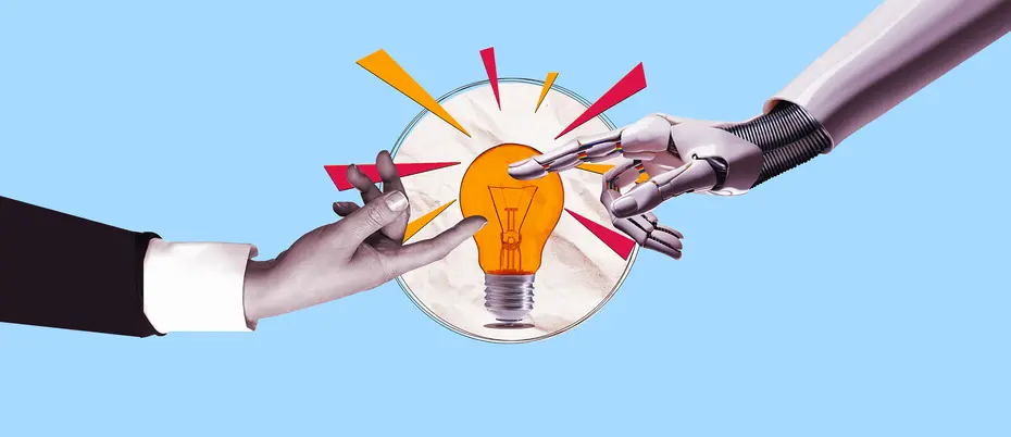 A human hand and a robot hand touch a lightbulb with flares