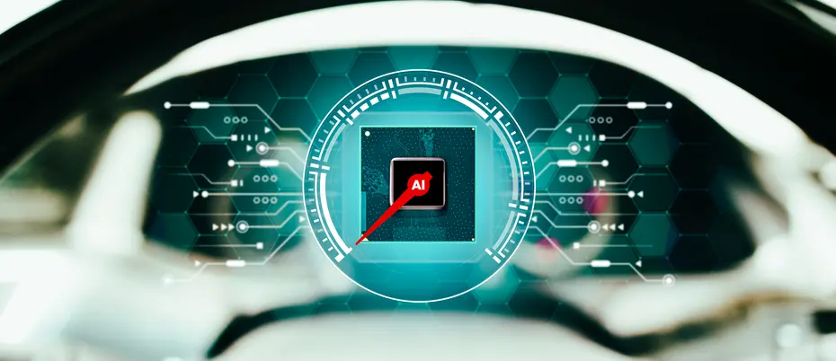 Close-up of car dashboard and digital interface with a speedometer with the letters "AI"