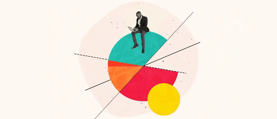 a colorful pie chart with a man and a computer sitting on top