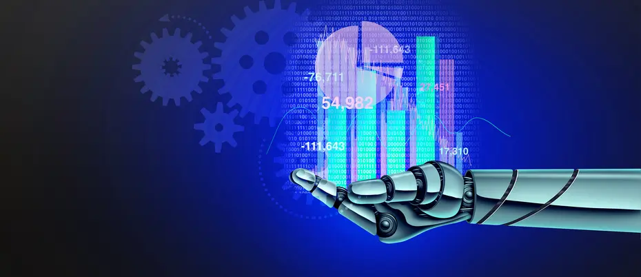 A robotic hand holds a pie chart, bar chart, and other monetary symbols