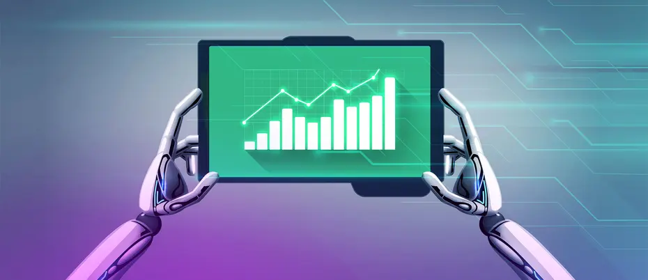 Robot hands hold up a tablet with financial graphs