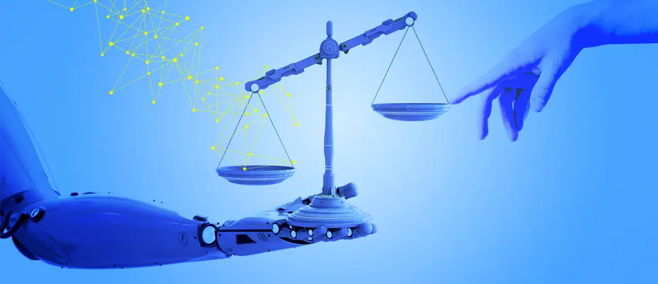 A robot holds a scale, while a human hand touches it