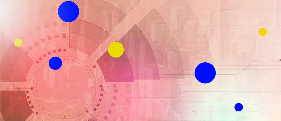 Abstract geometric pattern with dots and a city skyline 