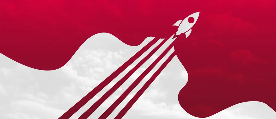 An illustration of a rocket ship blasting out of a patch of clouds