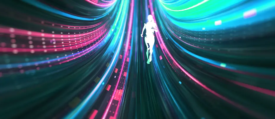 The silhouette of a person runs along an abstract digital background