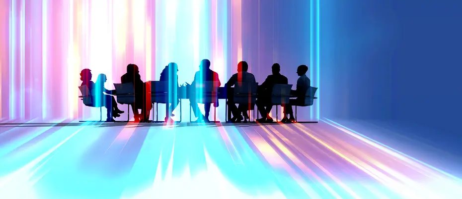 The silhouette of workers in a boardroom meeting surrounded by colorful abstract  bars