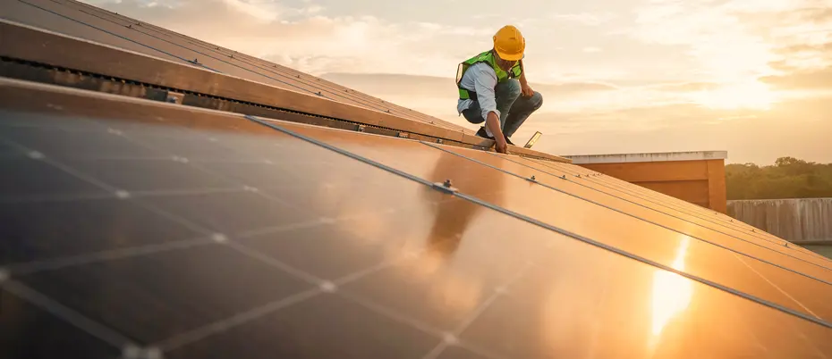 A person does work on a solar roof