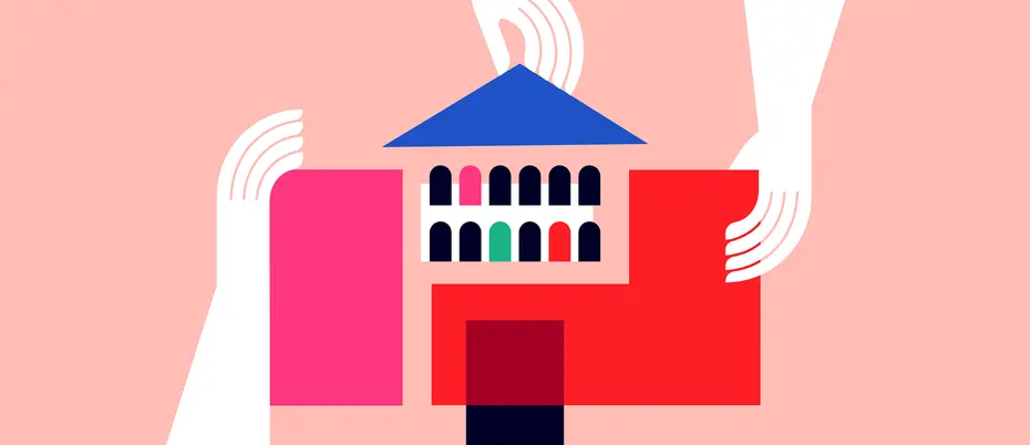 An illlustration of hands holding geometric pieces forming a university