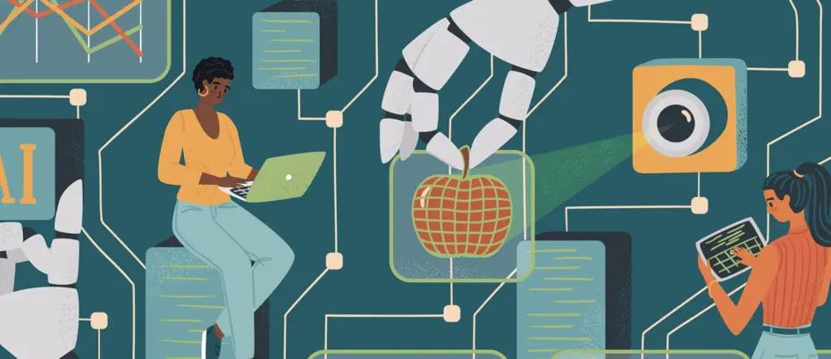 Women in AI concept vector illustration. Woman controls robotic arm with digital tablet. Diversity and Break the science bias. Female developer and engineer in tech. Innovative technologies.