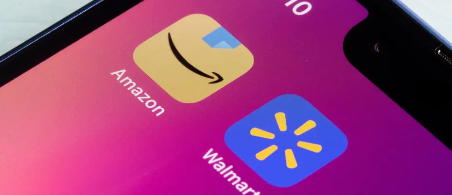 Phone showing Amazon and Walmart apps on purple background
