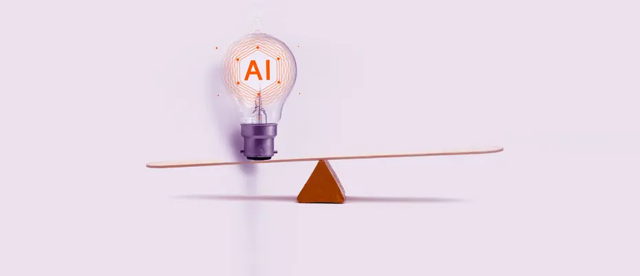 A lightbulb with the acronym 'AI' balances on a seesaw