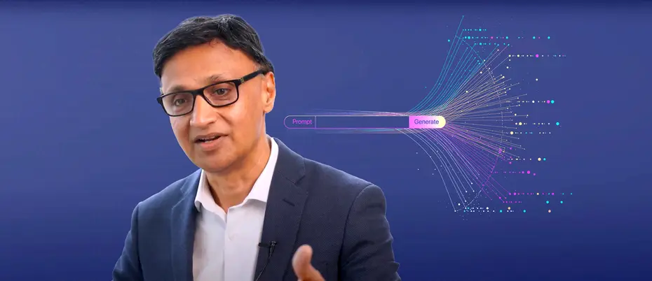 Rama Ramakrishnan with an illustration of a large language model 'prompt' and 'generate' button