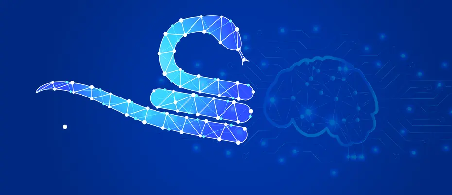 An AI looking snake with digital brain and network connection lines in the background