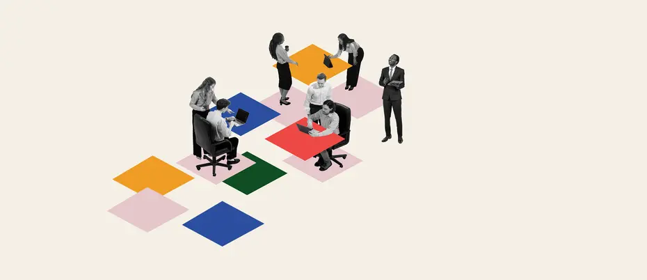 A photo illustration of various workers working with colorful geometric blocks