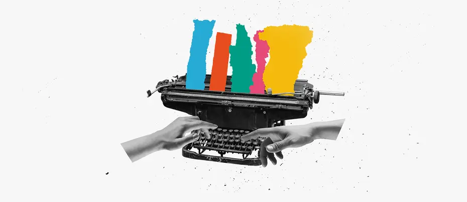 A photo illustration of colorful bars coming out of a typewriter