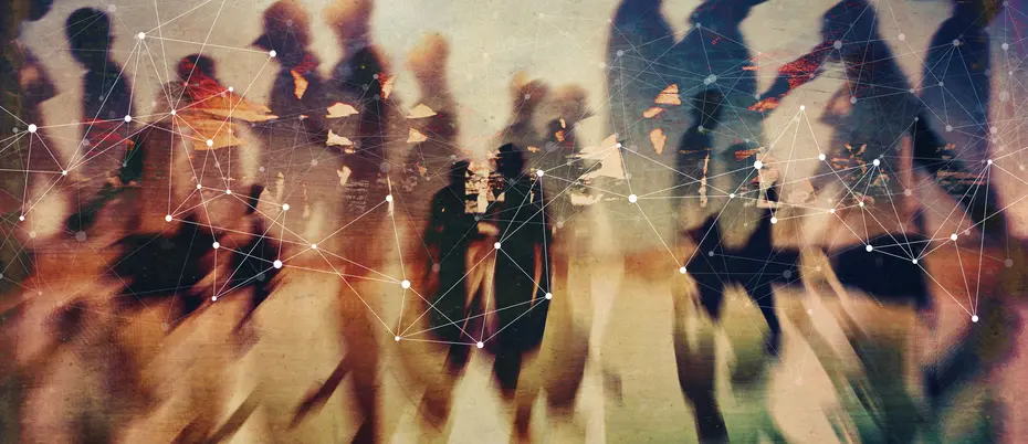 Images of people passing by eachother with an overlay of connected dots and lines to represent digital relationships between them.
