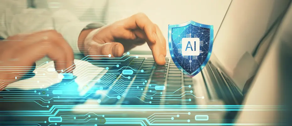 A person types on a computer with an AI cybersecurity shield