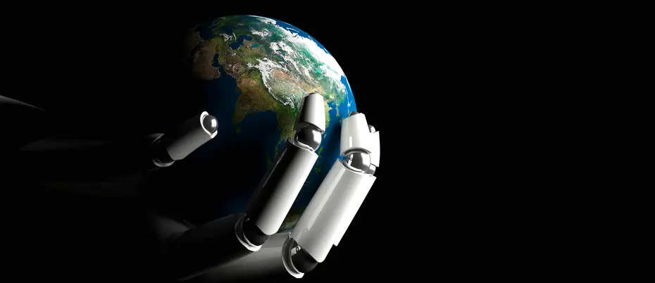 a cybord hand holds the earth