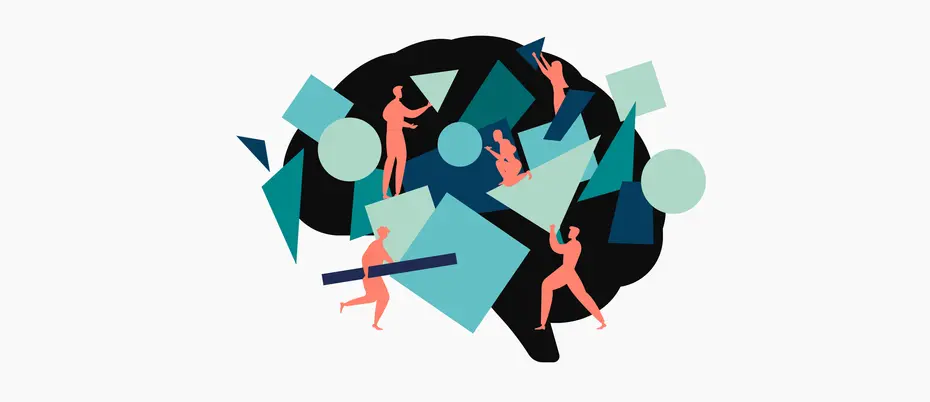 a team of people hold geometric shapes to assemble something in the silhouette of a brain