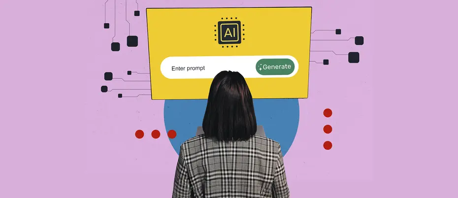 A person looks at an AI screen that says "Enter prompt" and "Generate"