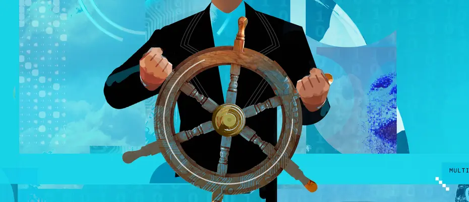 A business person helming a ship's wheel