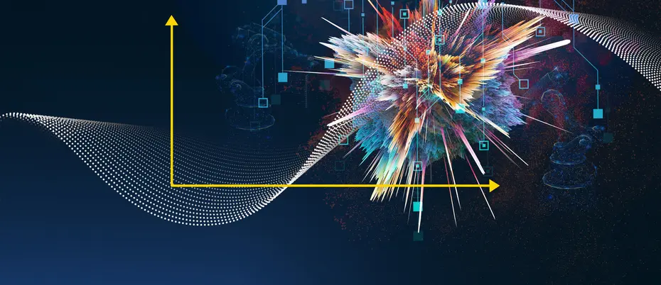 A curved line and colorful explosion appear on an abstract graph