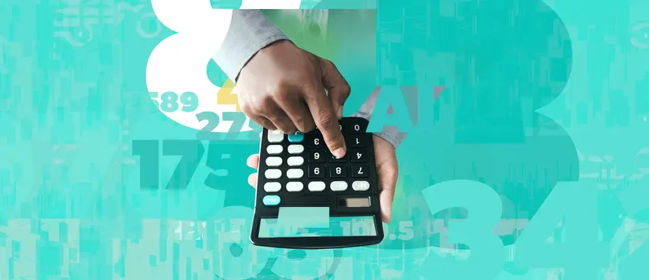 An illustration of a hand entering data on a calculator.