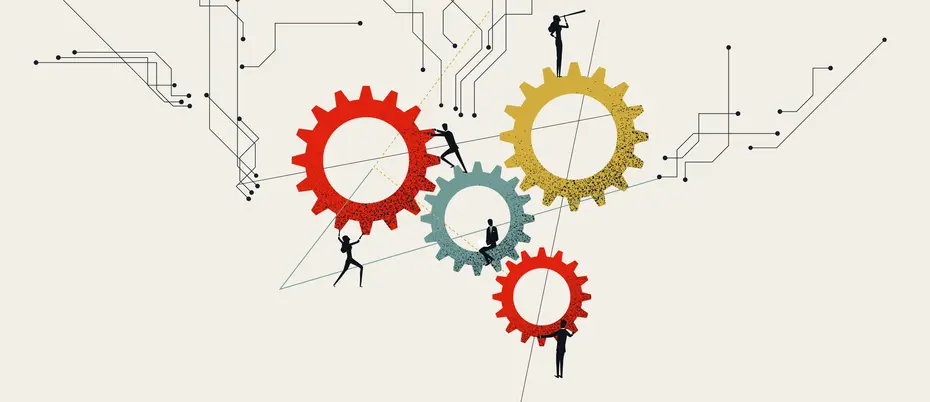 An illustration of a team of workers working on cogwheels