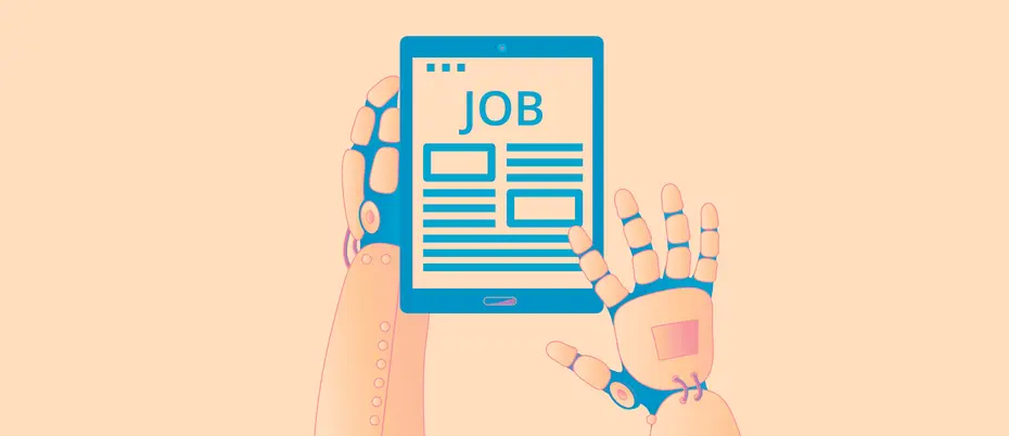 Robot hands typing a job listing on a tablet