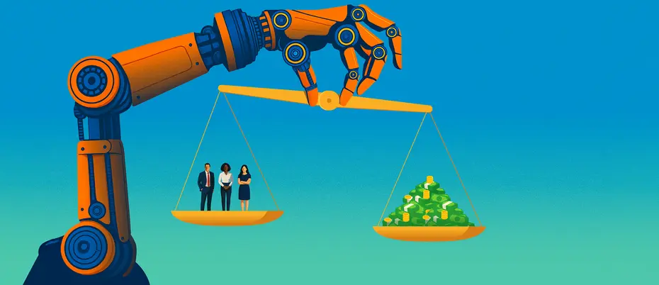 A robot arm lifts a scale with employees on one side and money on the other