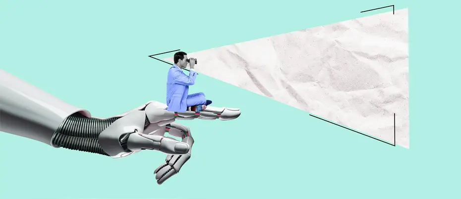 A person looking through binoculars sits on top of a robot hand