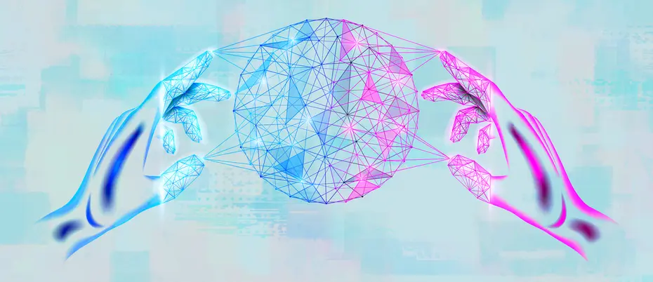 Two hands hold the earth in a polygonal artificial intelligence design