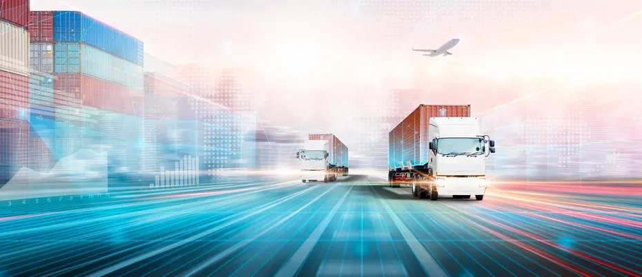 Transportation logistics with artificial intelligence including cargo, trucks, and a plane