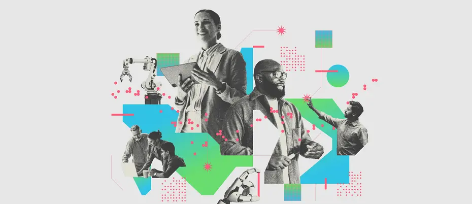 A collage of employees, artificial intelligence, and geometric shapes
