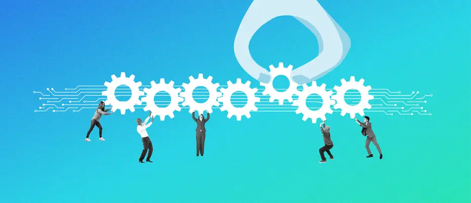 A group of workers lifts and pushes cogwheels