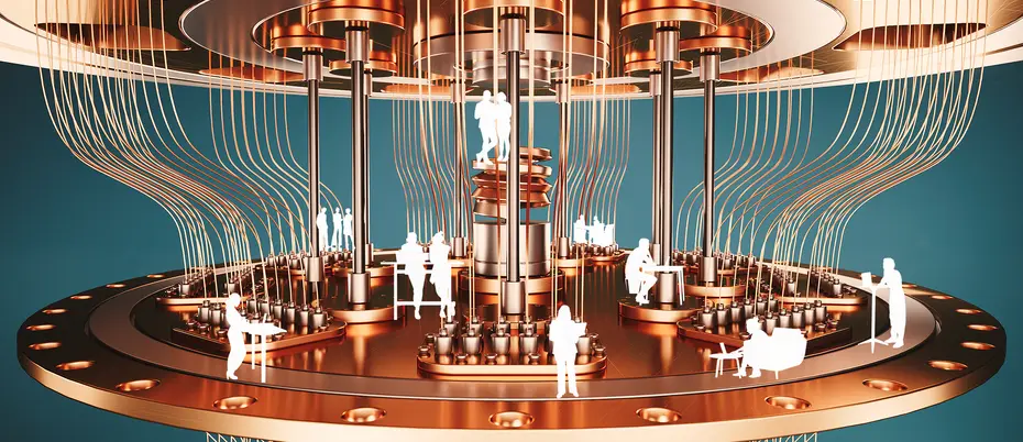 Silhouettes of various employees in a larger than life quantum computer