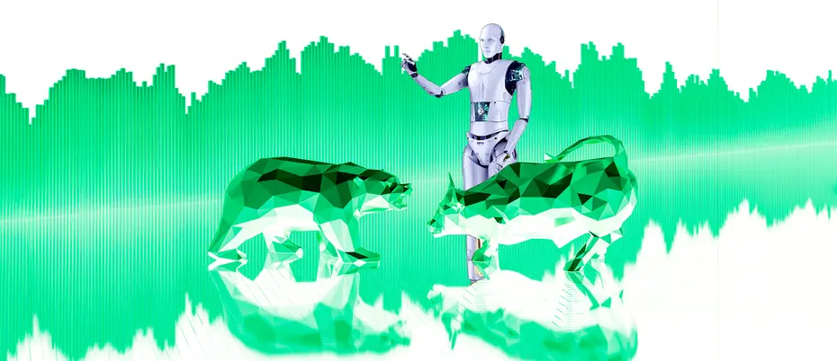 A robot, bear, and bull in front of a bar graph