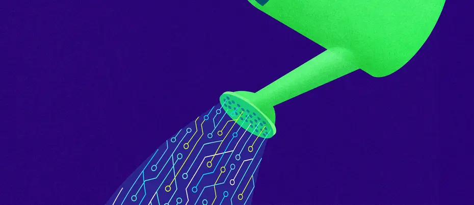 digital/AI/circuitry imagery flows out of a watering can