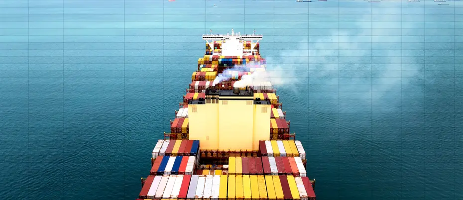 A cargo ship sails in the sea with emissions. A spreadsheet is overlayed on top.