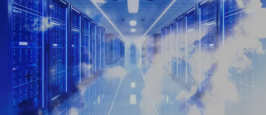 Clouds/carbon emission floating through a data center