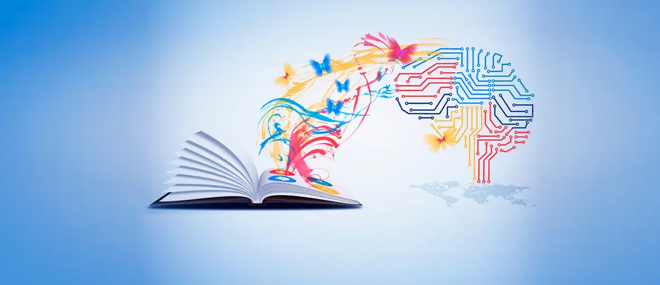Various shapes and butterflies fly out of an open book and into a digital brain