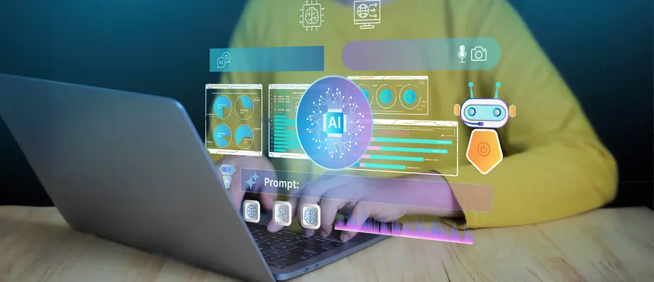 A person types on a computer with various AI screens and AI agents popping up