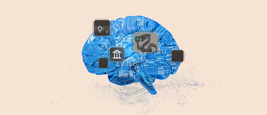 A circuit board in the shape of a brain is covered with microchips with images of a bank, gps points, and a dragon