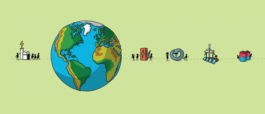 An illustration of a globe and elements of energy: wind turbine, battery, etc.