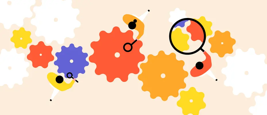 An illustration of workers examining a series of cogwheels with magnifying glasses