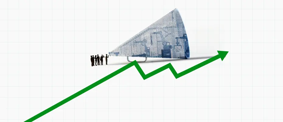An illustration of workers talking into a megaphone on top of a line chart going up to the right