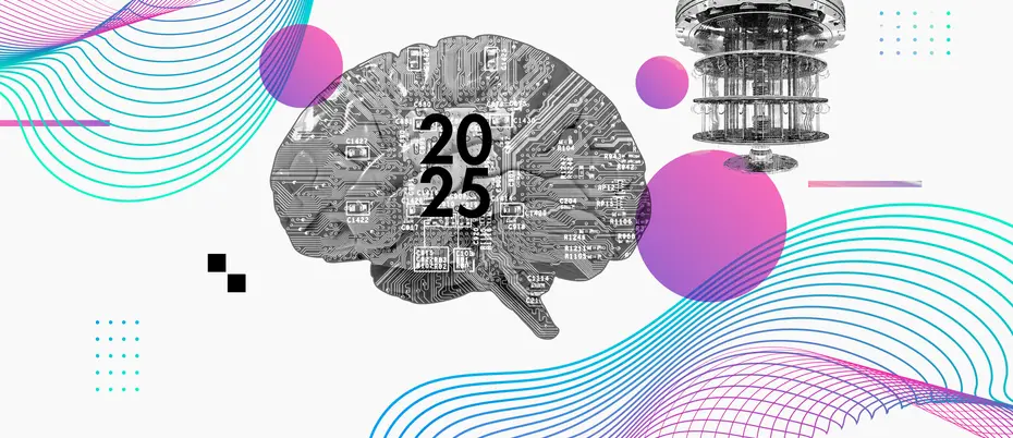 A circuit board in the shape of a brain and a quantum computer with abstract geometric shapes