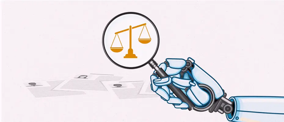 An illustration of a robot hand holding a magnifying glass with the justice scales magnified 