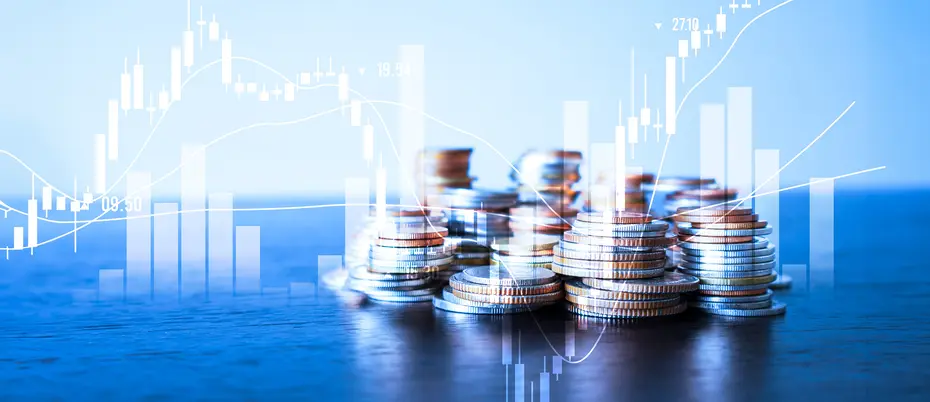 A stack of coins is overlayed with a stock ticker and bar charts
