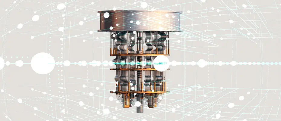 A rendering of a quantum computer in an abstract environment